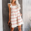 Knee-Length Summer Square Collar Ruffle Shoulder Dress